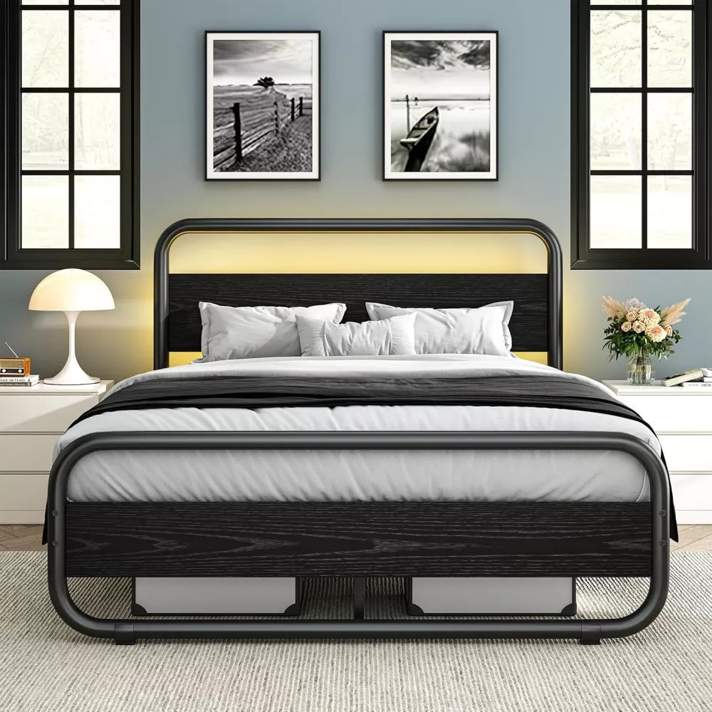 Full Size Metal Bed Frame with Wood Headboard, LED & Storage