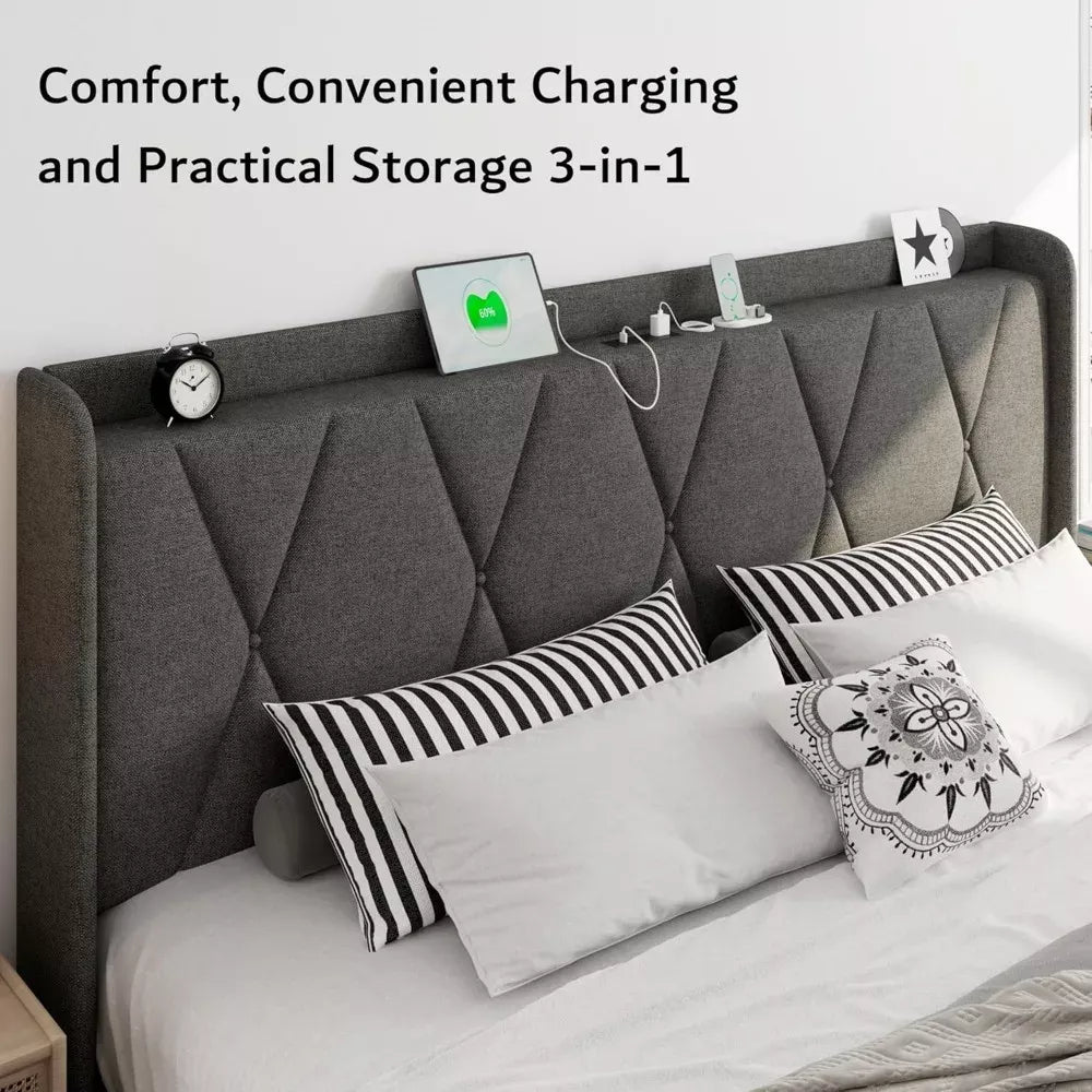 King Size Bed Frame with 4 Storage Drawers, Wingback Headboard & Charging Station - DSARD
