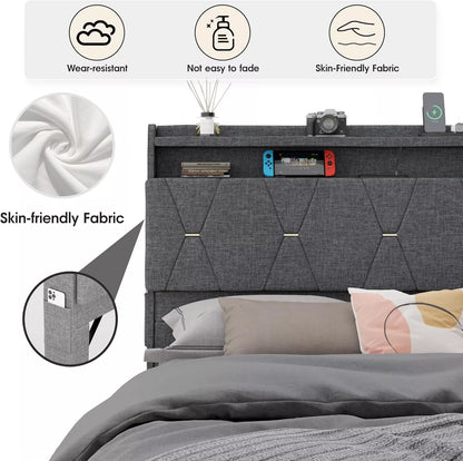 Full Size Upholstered Bed Frame with Lift-Up Storage, Charging Ports & LED Lights - DSARD