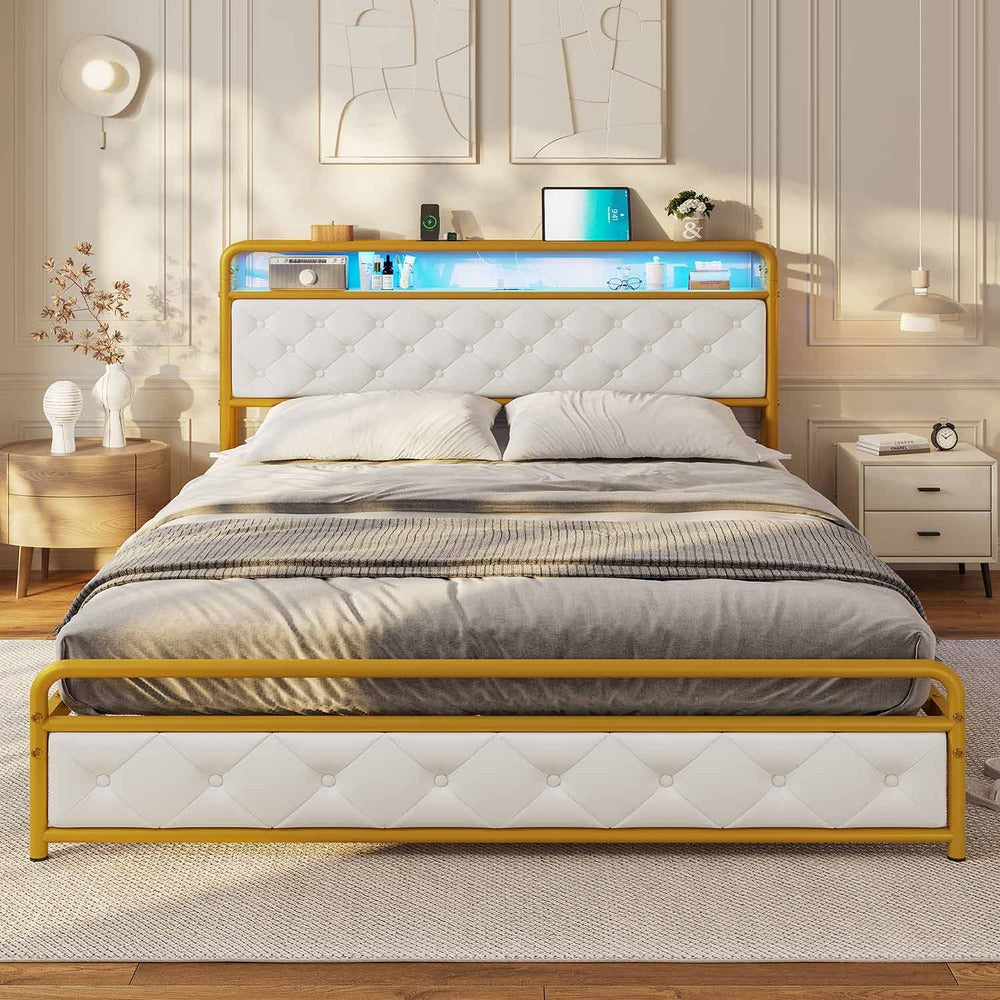 Luxurious King Size Upholstered Platform Bed with LED Headboard and Storage Features - DSARD
