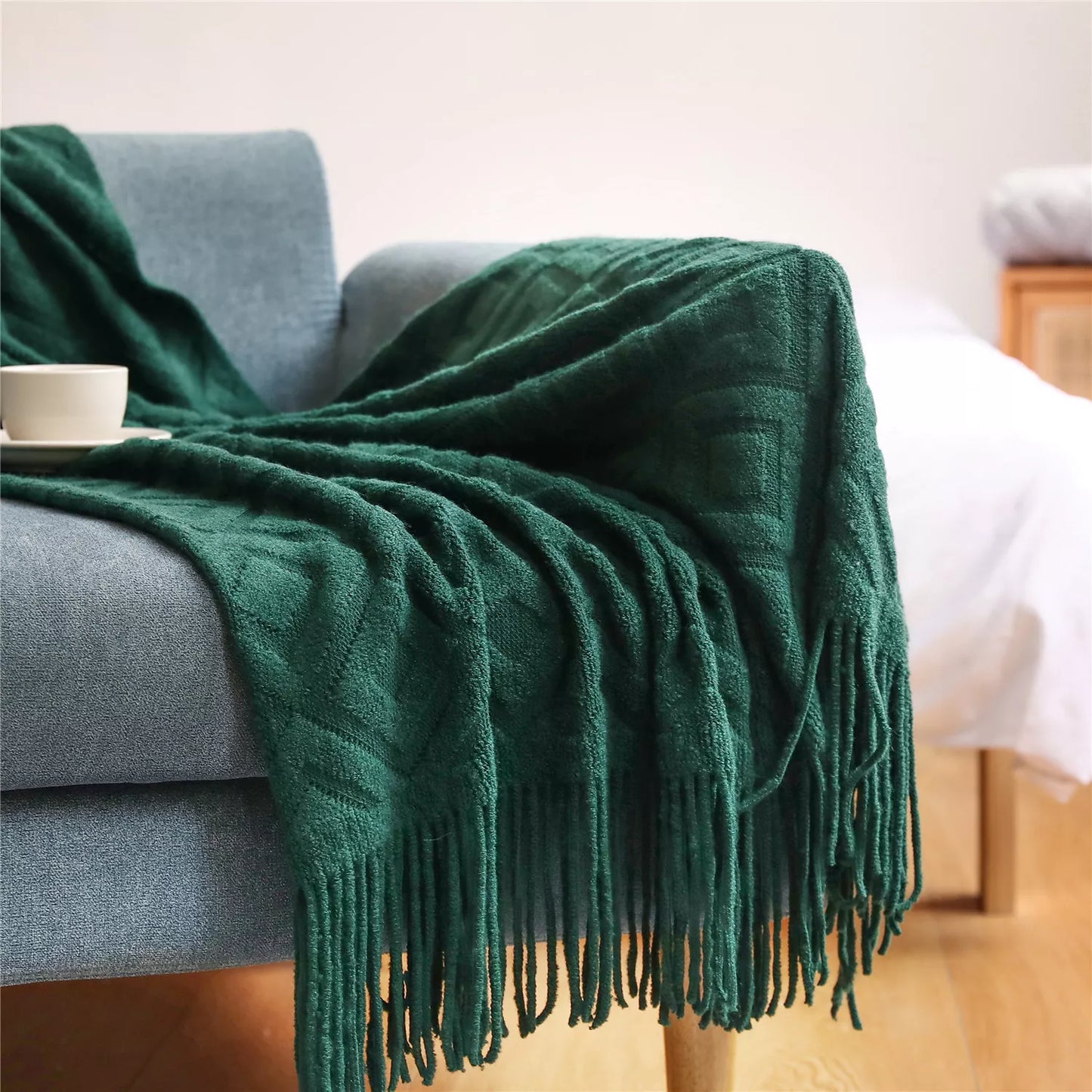 Diamond Knit Winter Cashmere Sofa Blanket with Tassels