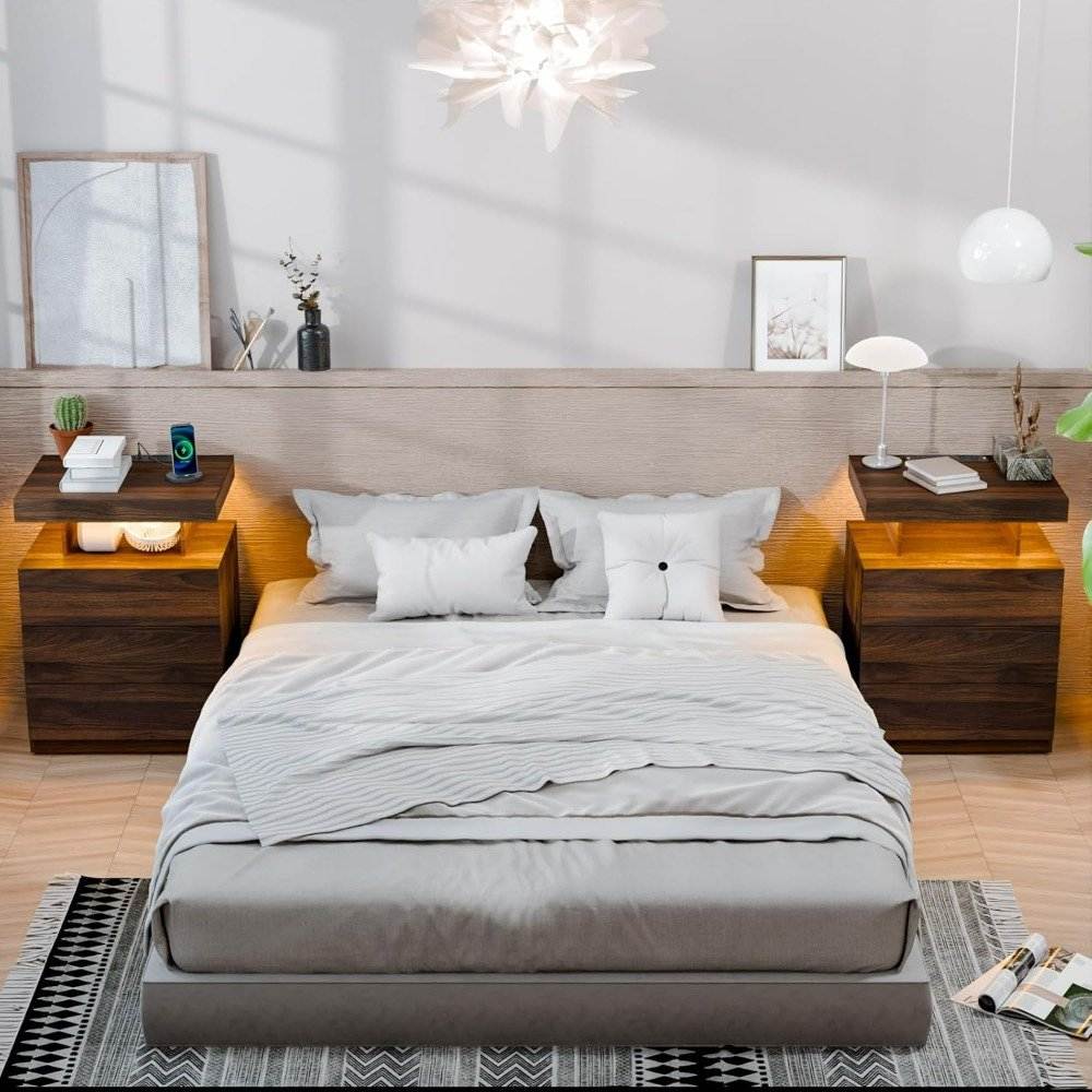 Set of 2 LED Premium Nightstands with Wireless Charging and RGB Lighting