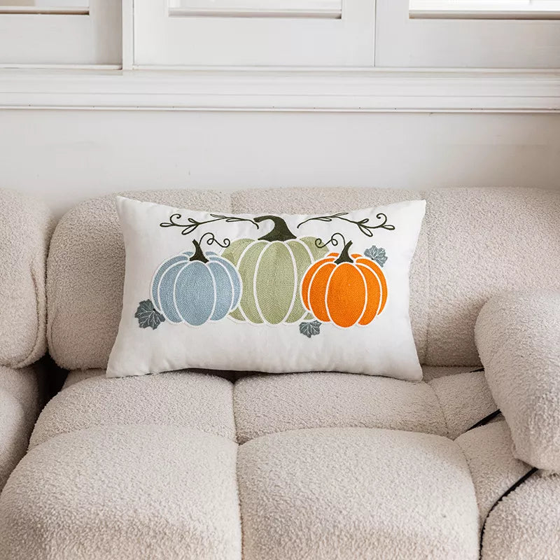 Pumpkin Embroidered Throw Pillow Cover – Cozy Autumn Home Décor
