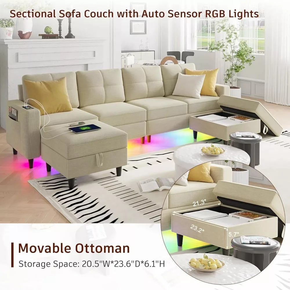 Oversized U-Shaped Sectional Couch with RGB LED Lights & Charging Station - DSARD