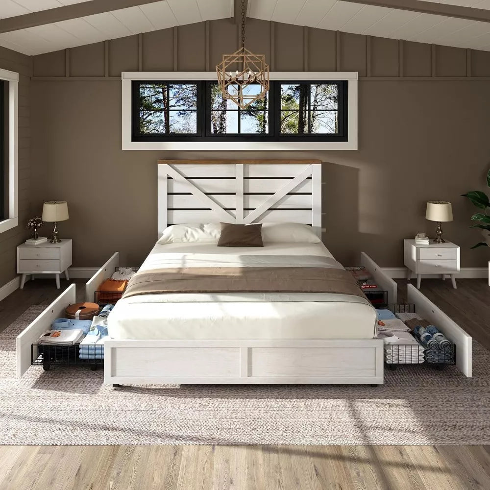 Queen Size Farmhouse Storage Bed Frame with Headboard & 4 Drawers - DSARD