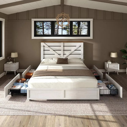 Queen Size Farmhouse Storage Bed Frame with Headboard & 4 Drawers - DSARD
