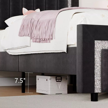 Black Velvet Full Size Bed Frame with Diamond Tufted Headboard & Footboard - DSARD