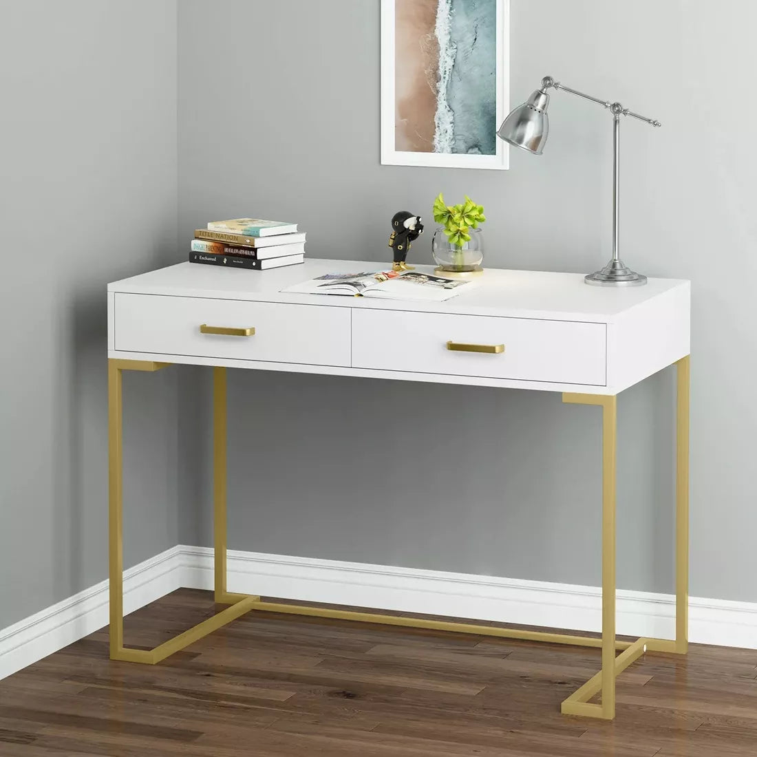 Modern White and Gold Vanity Desk with 2 Drawers - DSARD