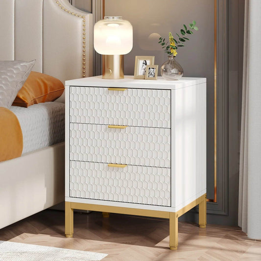 2-Pack Modern White & Gold Premium Nightstands with 3 Drawers – Contemporary Tall Bedside Tables