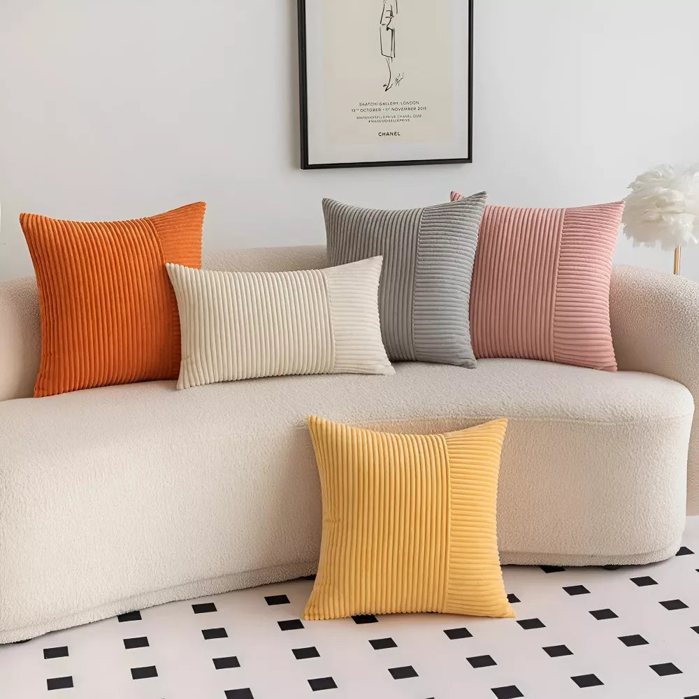 Set of 2 Corduroy Patchwork Throw Pillow Covers with Invisible Zipper