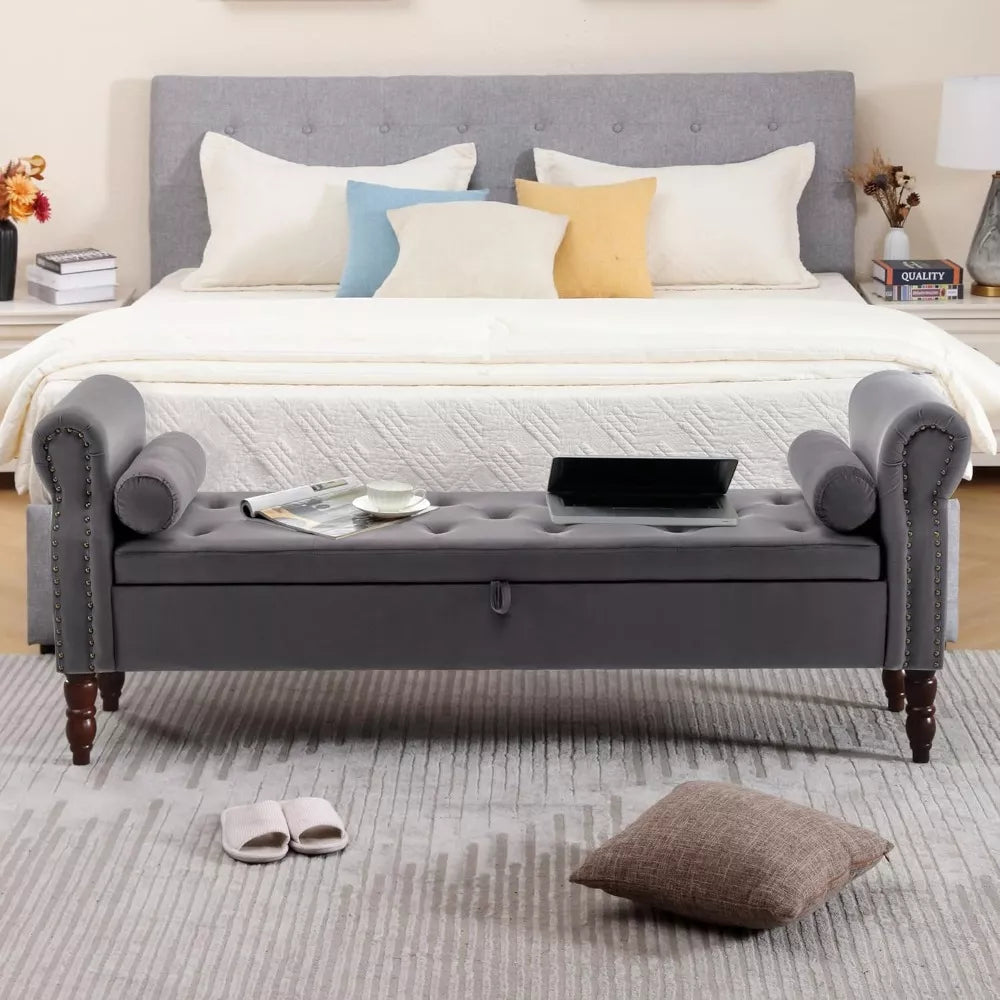 King Size Velvet Storage Bench with Tufted Upholstery and Pillows – 67” End of Bed Ottoman - DSARD