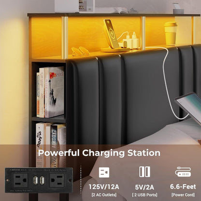 Queen Bed Frame with Storage, Bookcase Headboard, Charging Station & LED Lights - DSARD