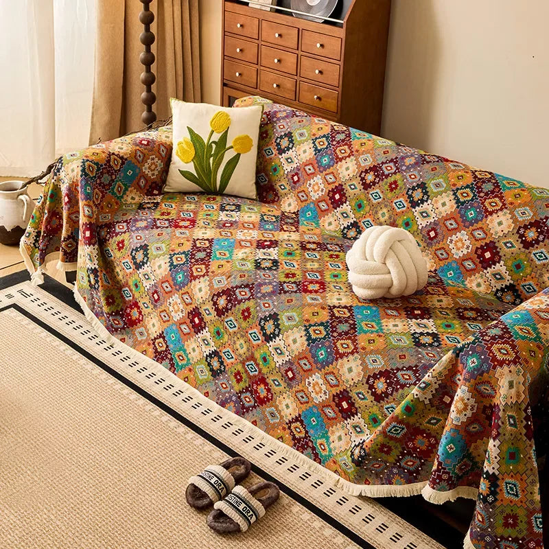 Boho Color Plaid Jacquard Sofa Cover – Elegant All-Season Blanket - DSARD