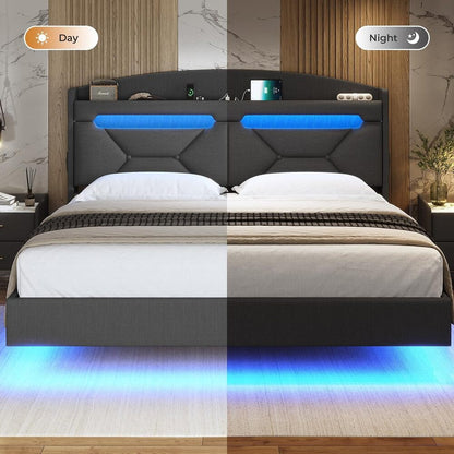 Modern Floating King Bed Frame with RGB LED Lights & Storage Headboard - DSARD