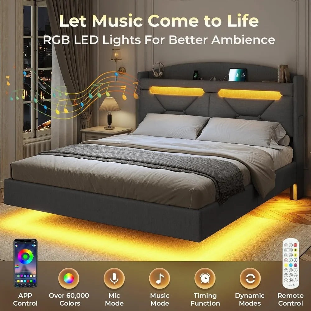 Modern Floating King Bed Frame with RGB LED Lights & Storage Headboard - DSARD