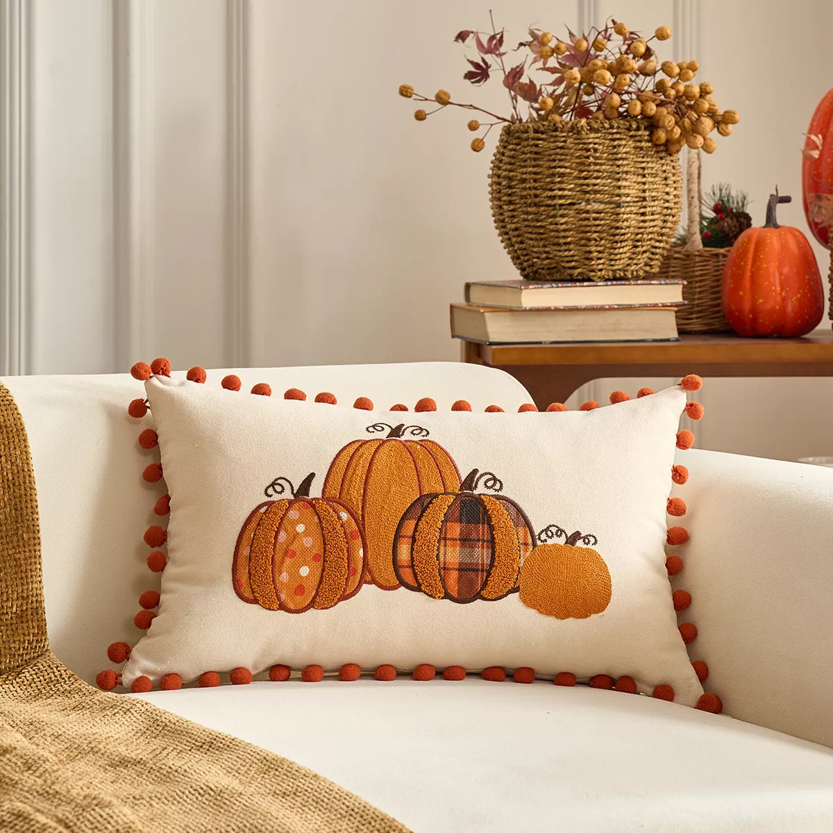 Autumn Pumpkin Embroidered Cushion Covers with Ruffles – Fall Decor