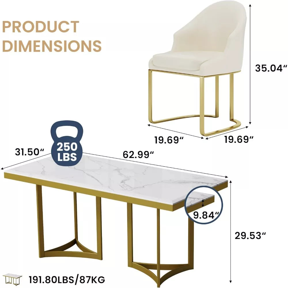 Luxury White Marble Dining Table for 6 with Gold Trestle Pedestal - DSARD