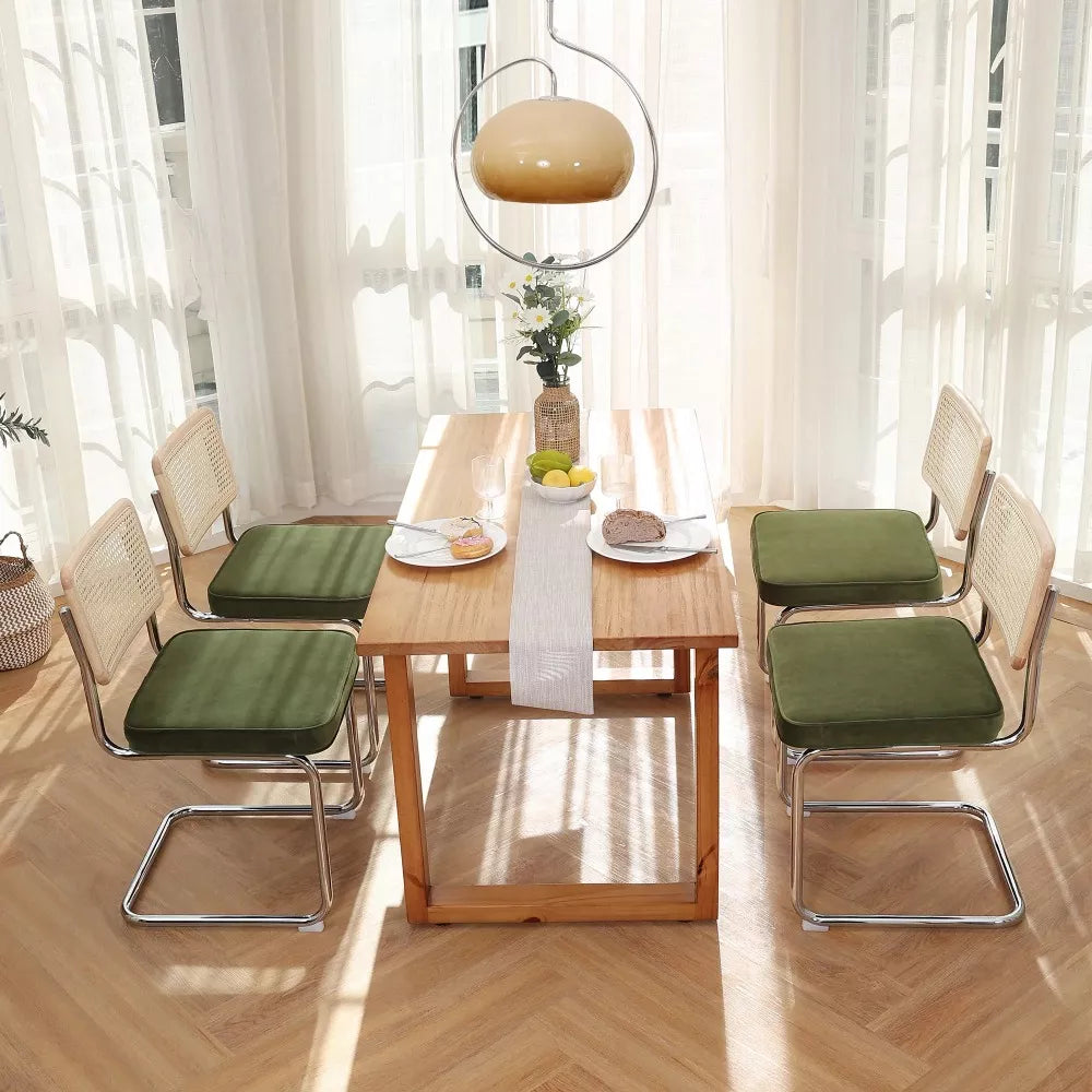 Modern Rattan & Velvet Dining Chairs Set of 2 – Cane Back with Chrome Legs - DSARD