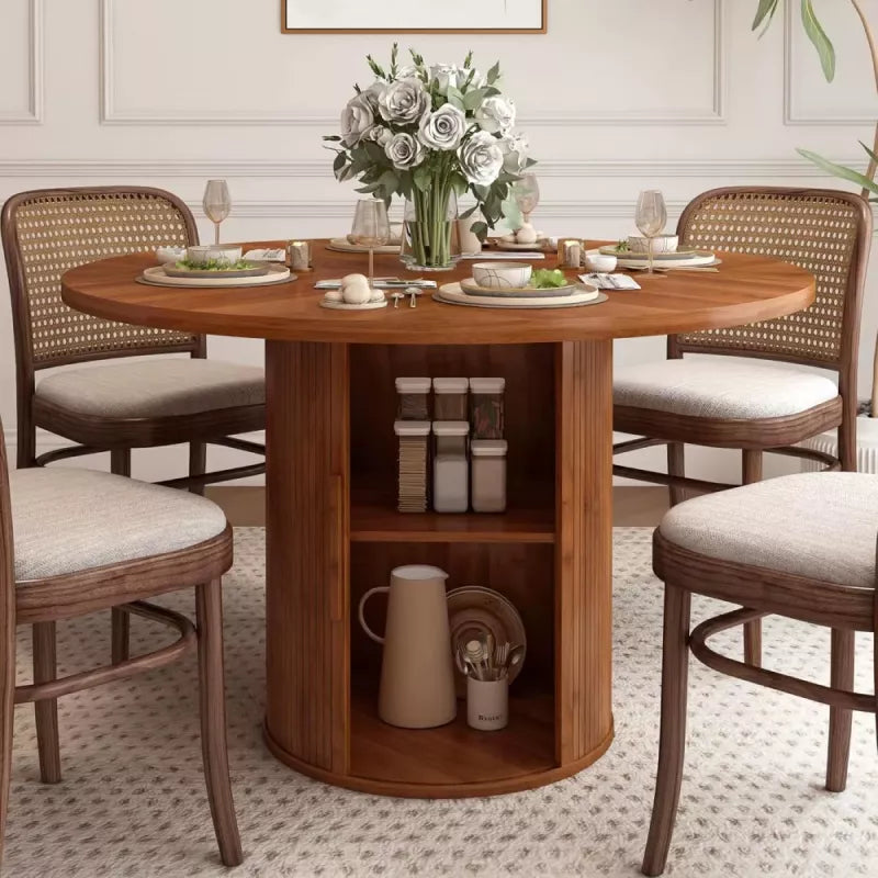 Round Dining Table with 2-Layer Storage Shelf and Wood Slide Door - DSARD