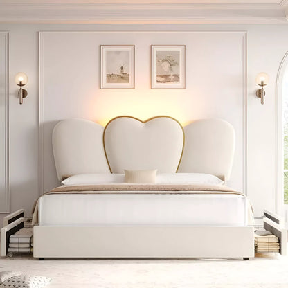 Queen Velvet Upholstered LED Bed Frame with 4 Drawers & Heart Shaped Headboard - DSARD