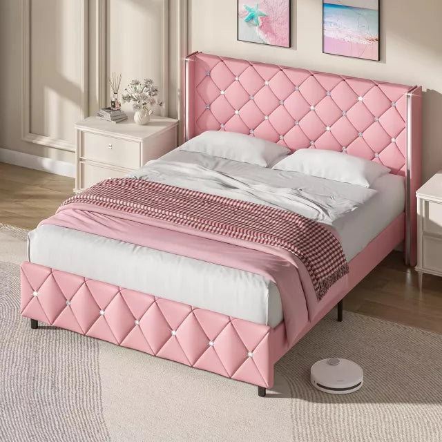 Queen Size Upholstered Bed Frame with Diamond Headboard - DSARD