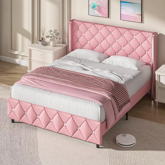Queen Size Upholstered Bed Frame with Diamond Headboard - DSARD