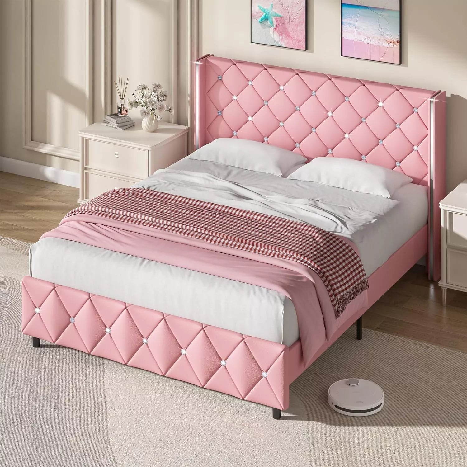 Queen Upholstered Bed Frame with Diamond Tufted Headboard