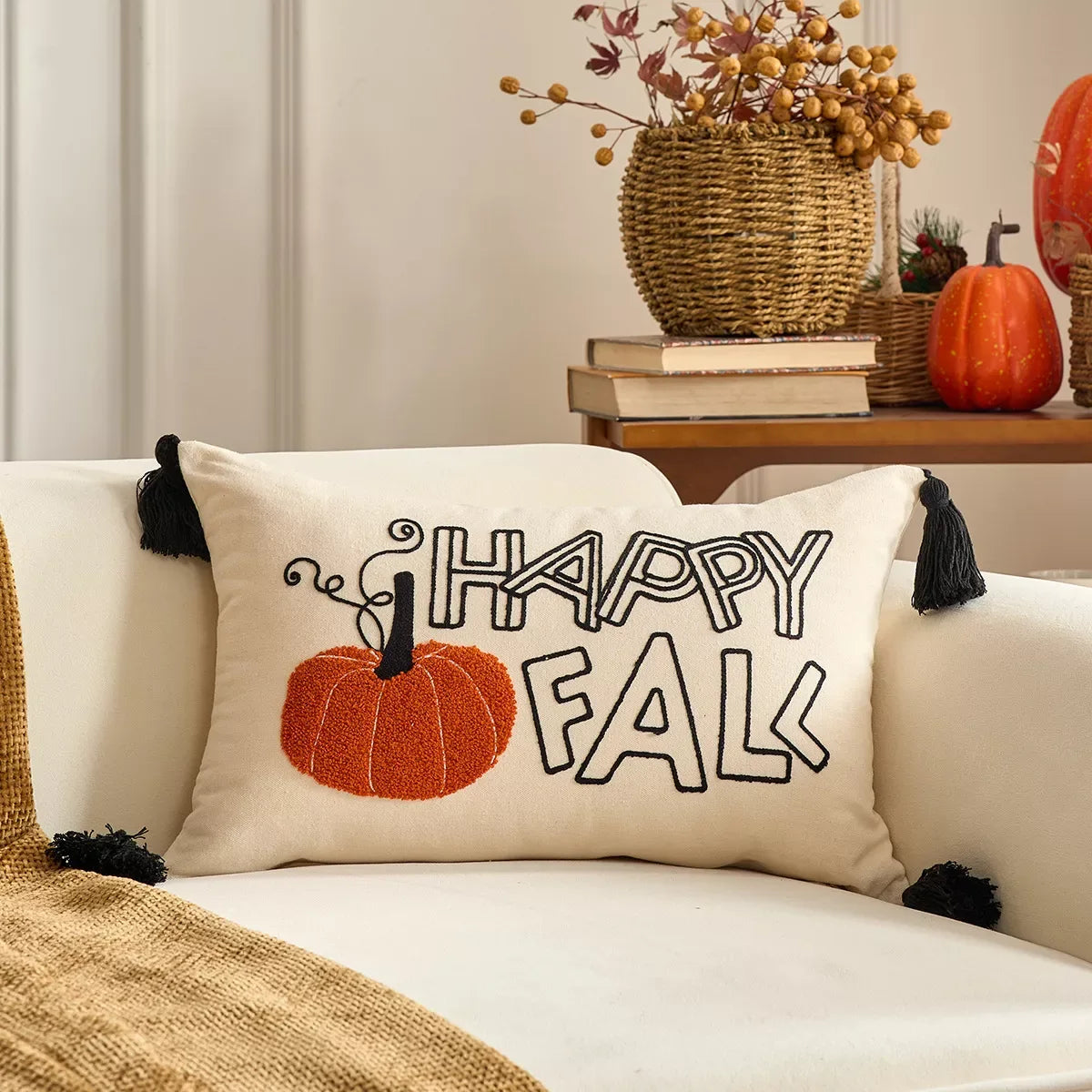 Autumn Pumpkin Embroidered Cushion Covers with Ruffles – Fall Decor - DSARD
