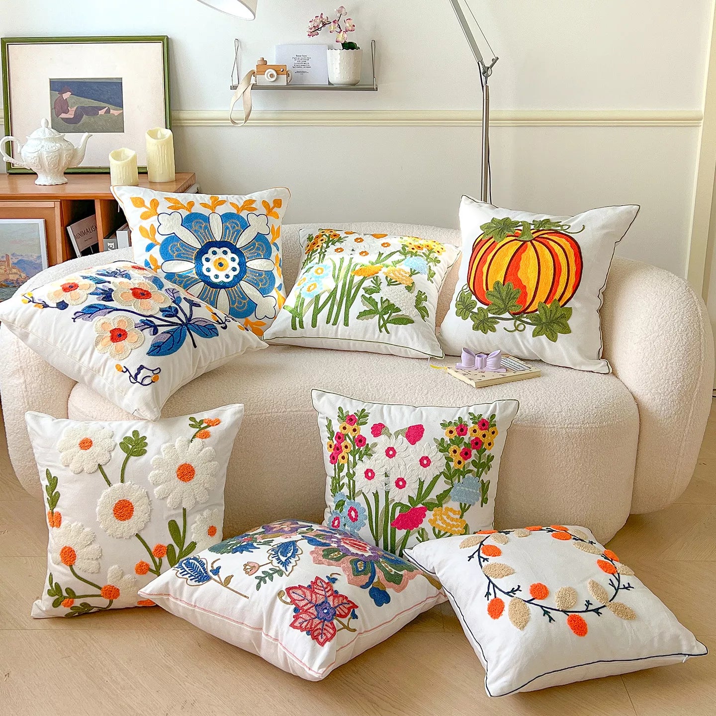 Floral Embroidered Cotton Pillow Cover 18×18 Inch – Cozy Decorative Cushion Case