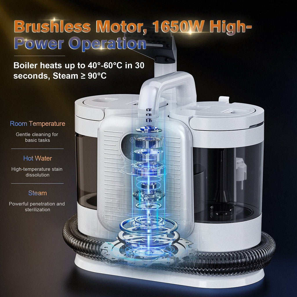 White cleaning device with blue light on a dark background, featuring text about its features.