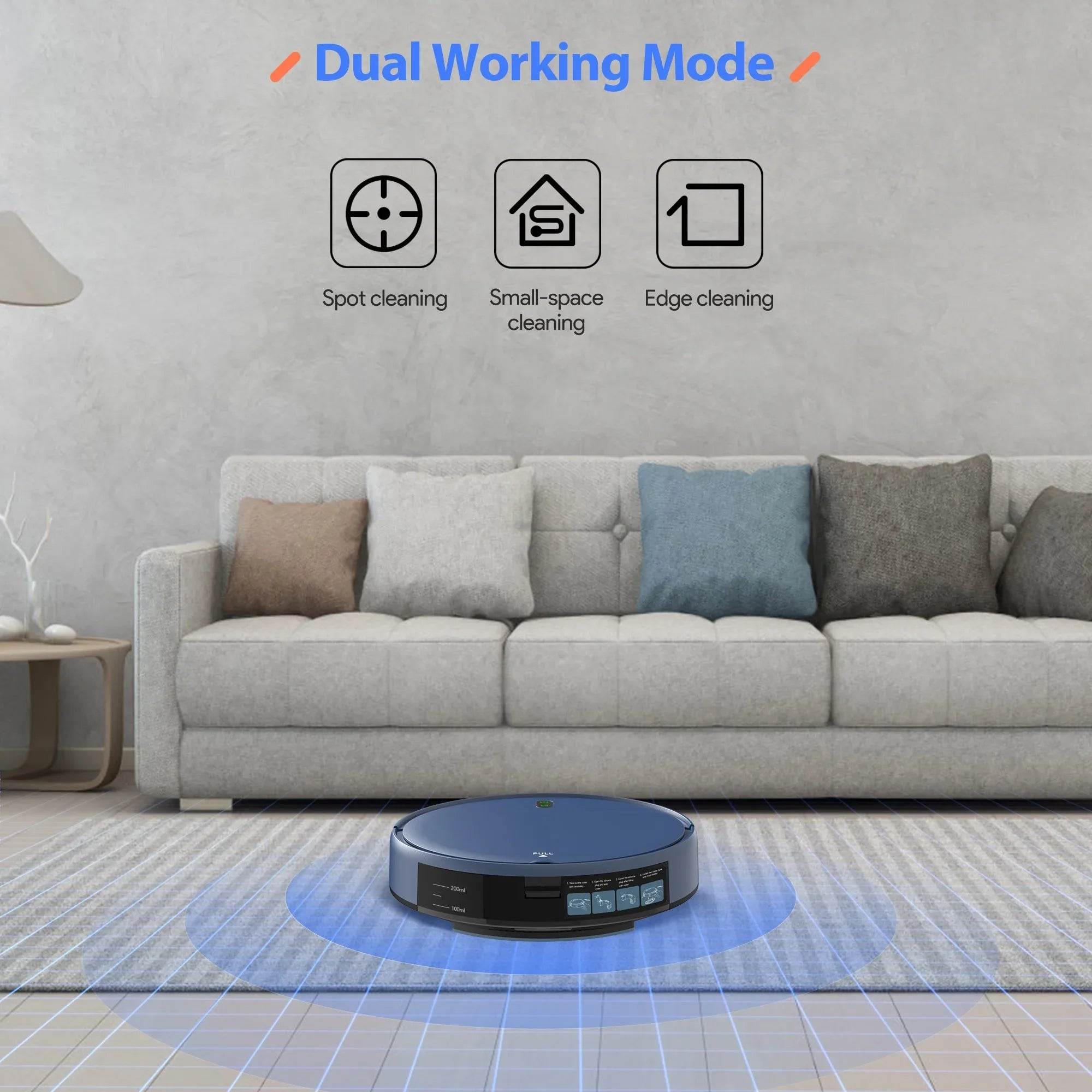 Robot vacuum cleaner in a living room with dual working mode features displayed.