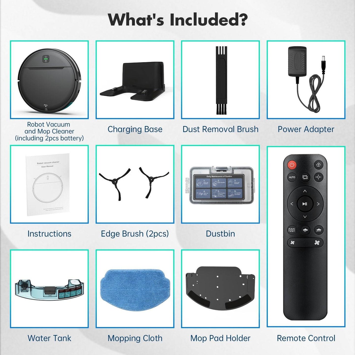 List of included items for a robot vacuum cleaner with images and labels.