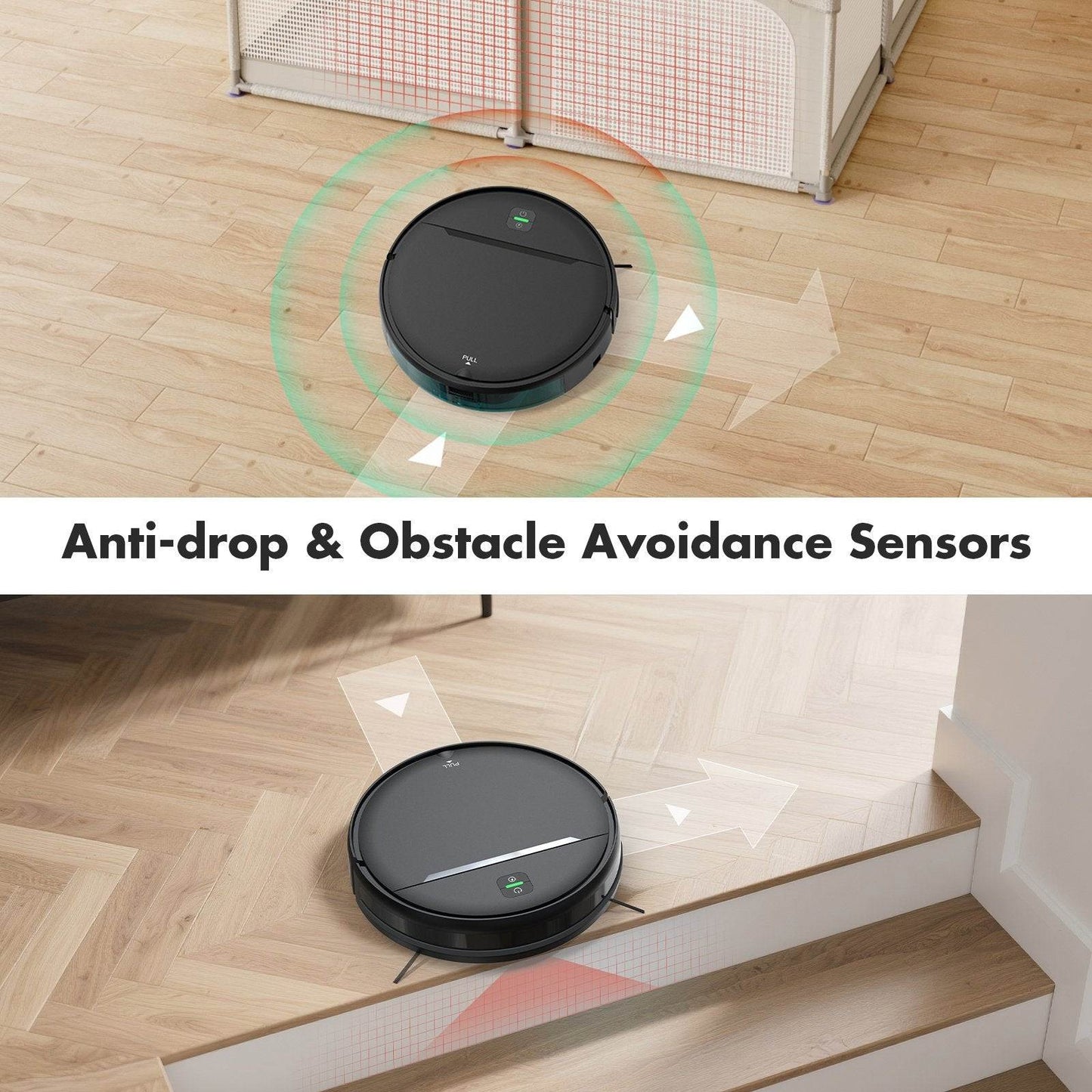 Robot vacuum cleaner with anti-drop and obstacle avoidance sensors on a wooden floor.