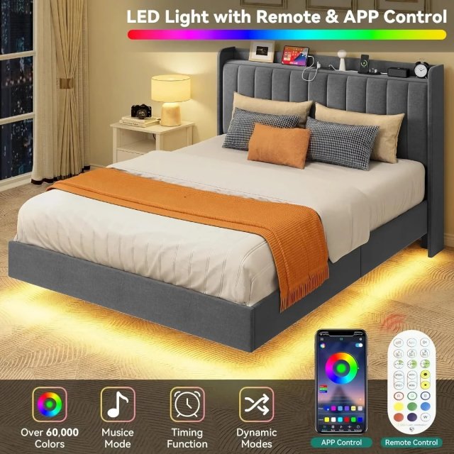 Queen LED Floating Bed Frame with USB & USB-C Charging Ports
