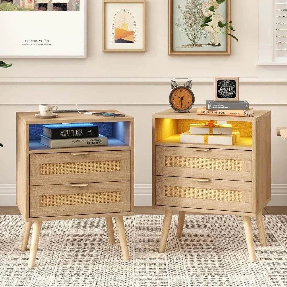Boho Rattan Premium Nightstands Set of 2 with Charging Station & LED Lights - DSARD
