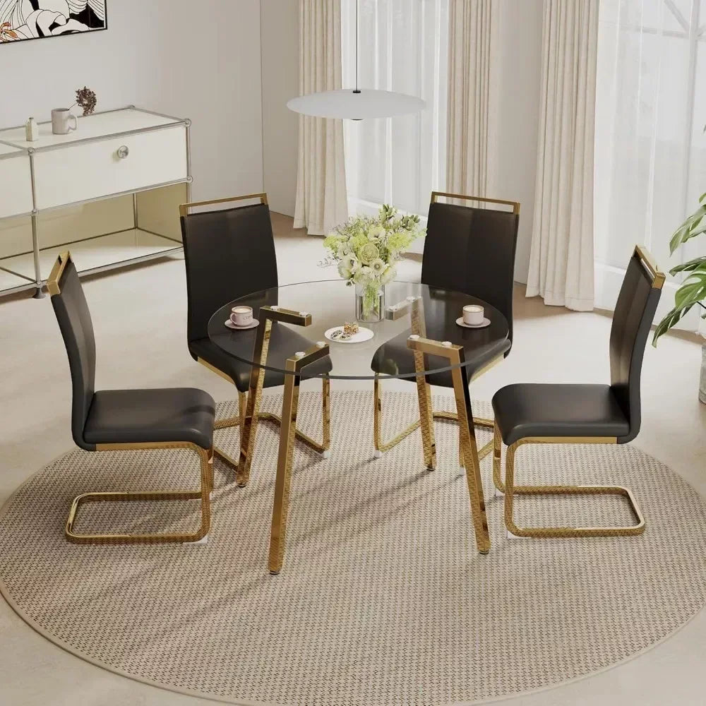 42” Round Glass Dining Table Set for 4 with Black PU Leather Chairs - DSARD - DSARD