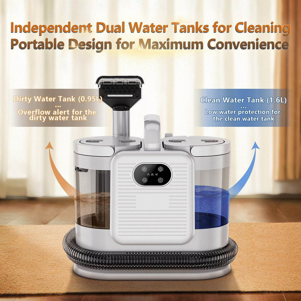 Portable cleaning device with dual water tanks on a wooden surface.