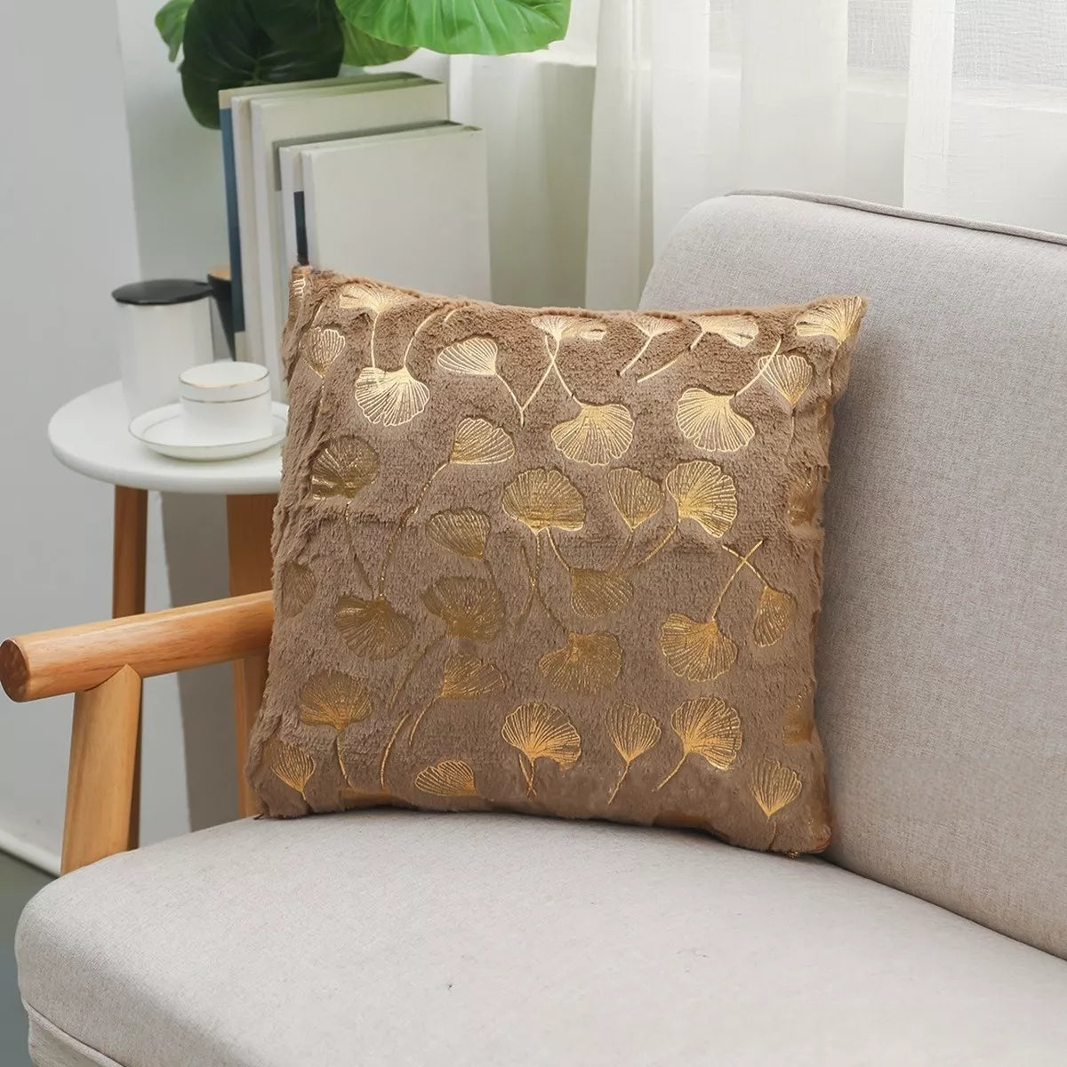Golden Plush Ginkgo Leaf Cushion Cover 16.5×16.5in