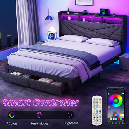 LED Upholstered Queen Bed Frame with Headboard, Storage Drawers & Charging Ports - DSARD