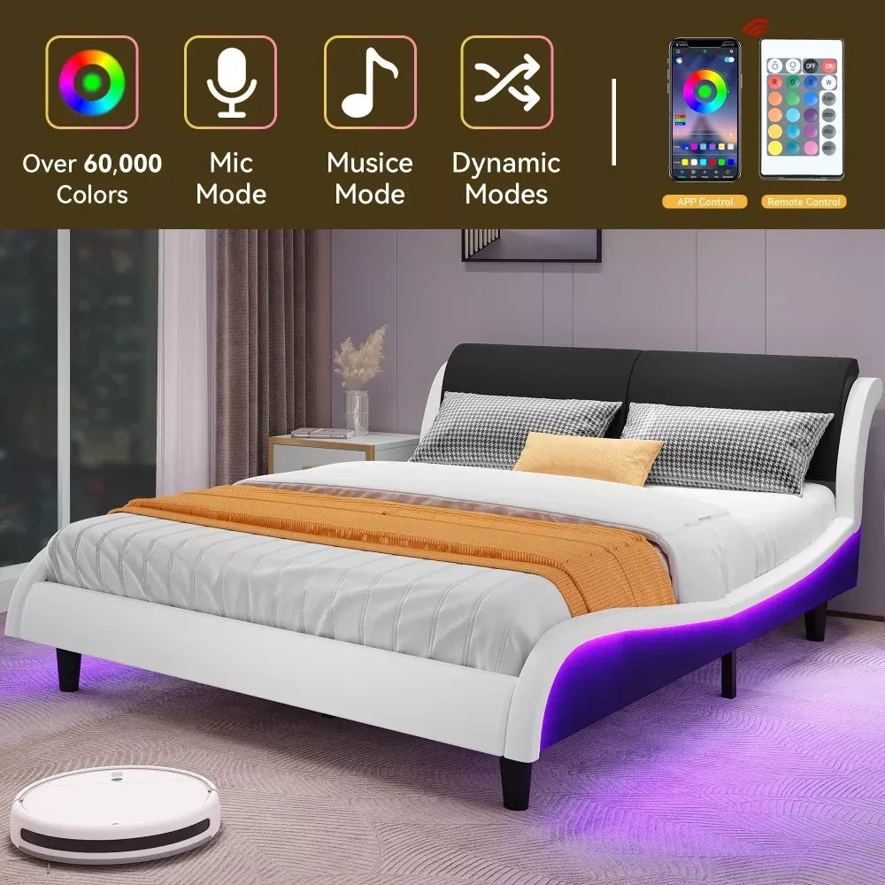 Queen Size LED Faux Leather Bed Frame with Wave Design, No Box Spring Needed - DSARD