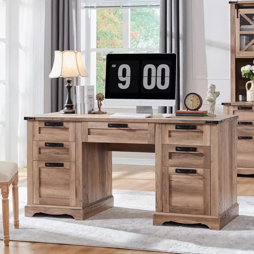 60″ Farmhouse Executive Desk with Drawers, Wood Office Desk with Charging Station - DSARD - DSARD