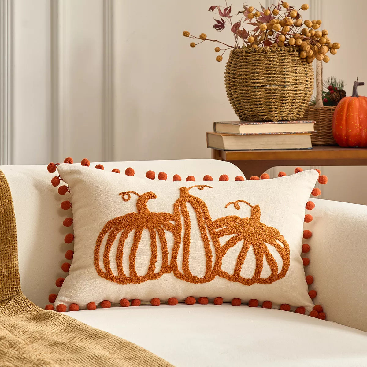 Autumn Pumpkin Embroidered Cushion Covers with Ruffles – Fall Decor