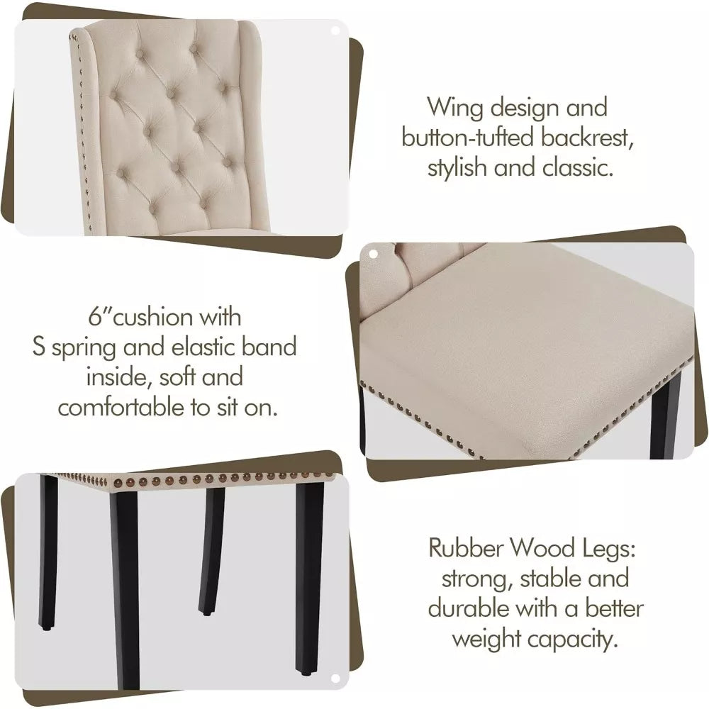 Upholstered Tufted Dining Chairs with Nailhead Trim and Solid Wood Legs, Set of 2 - DSARD