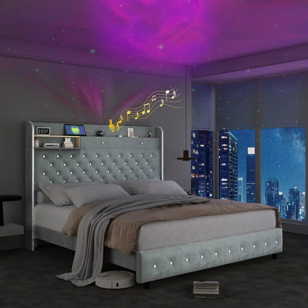 Queen LED Bed with Star Projector, Charging Station & Storage Headboard