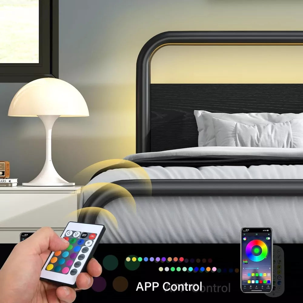 Full Size Metal Bed Frame with Wood Headboard and LED Lights, Storage, Noise-Free - DSARD