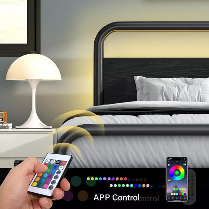 Full Size Metal Bed Frame with Wood Headboard and LED Lights, Storage, Noise-Free - DSARD