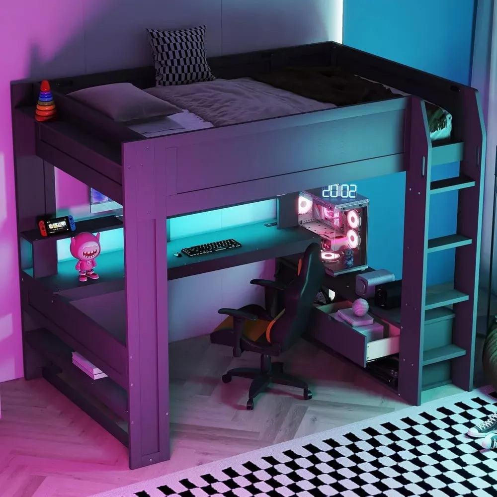 Full Size Wooden Loft Bed with Desk, Shelves, LED Lights, and Charging Station - DSARD