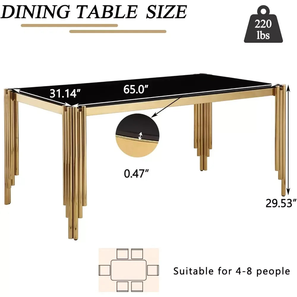 65-Inch Rectangular Luxury Glass Dining Table with Gold Stainless Steel Legs - DSARD