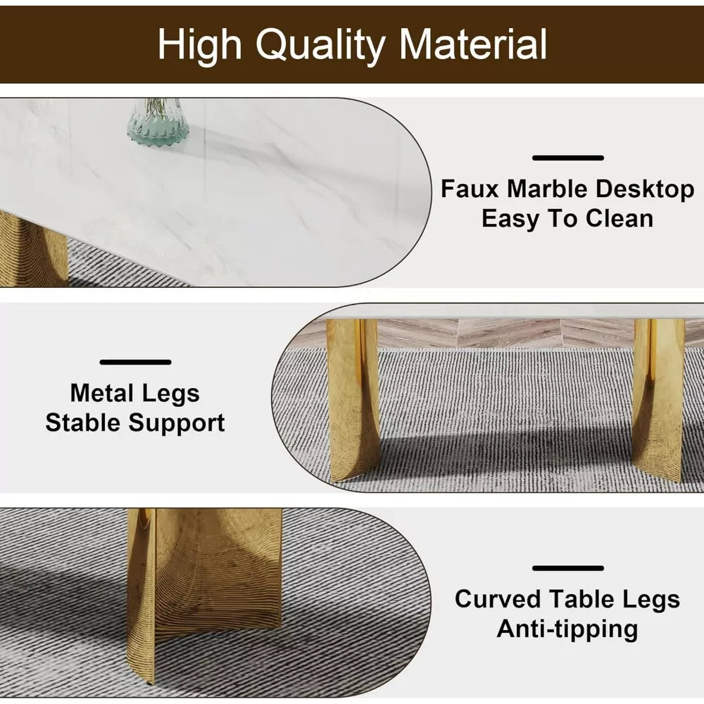 Modern 71” Dining Table Set for 8 with Marble Finish Glass Top & Gold Stainless Steel Base - DSARD