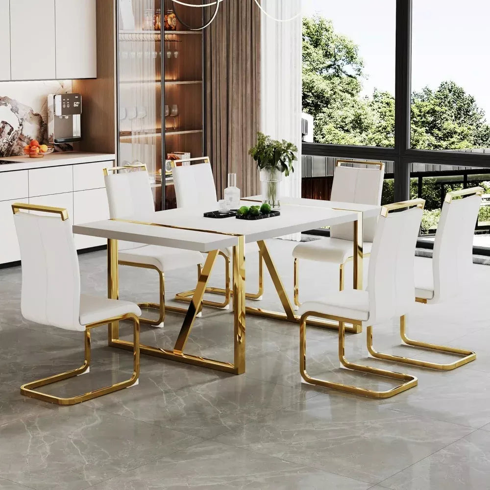 White Modern Dining Table 71″ for 6-8, MDF Top with Gold Stainless Steel Legs - DSARD